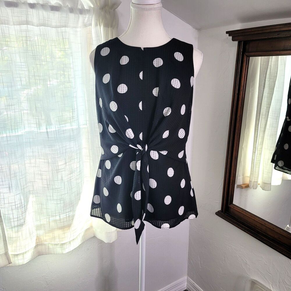 Ann Taylor Black White Polka Dot Tie Waist Peplum Blouse Sleeveless Chic small